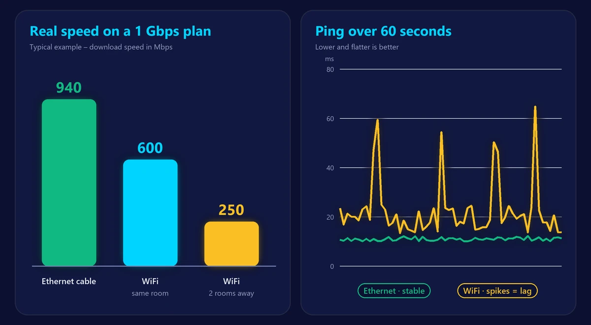 Chart comparing Ethernet and WiFi download speed on a 1 Gbps plan and ping stability over 60 seconds